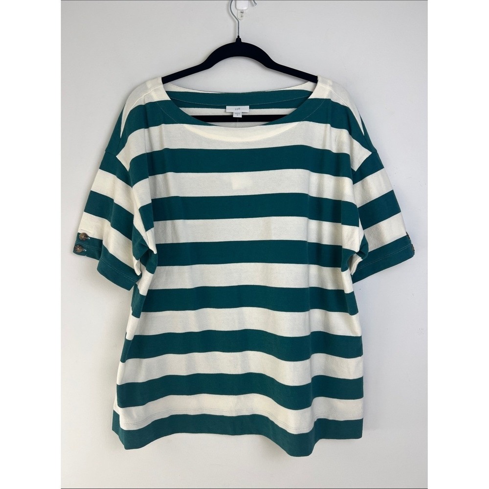 NEW J. Jill Size XL Teal & Cream Striped Button Sleeve Boat Neck 100% Cotton Top